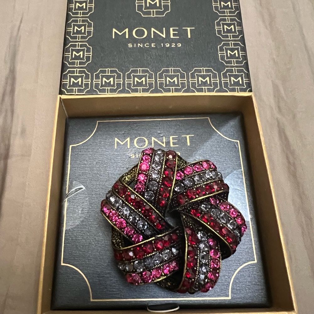 Monet silver Pink and Ruby rhinestone chunky brooch